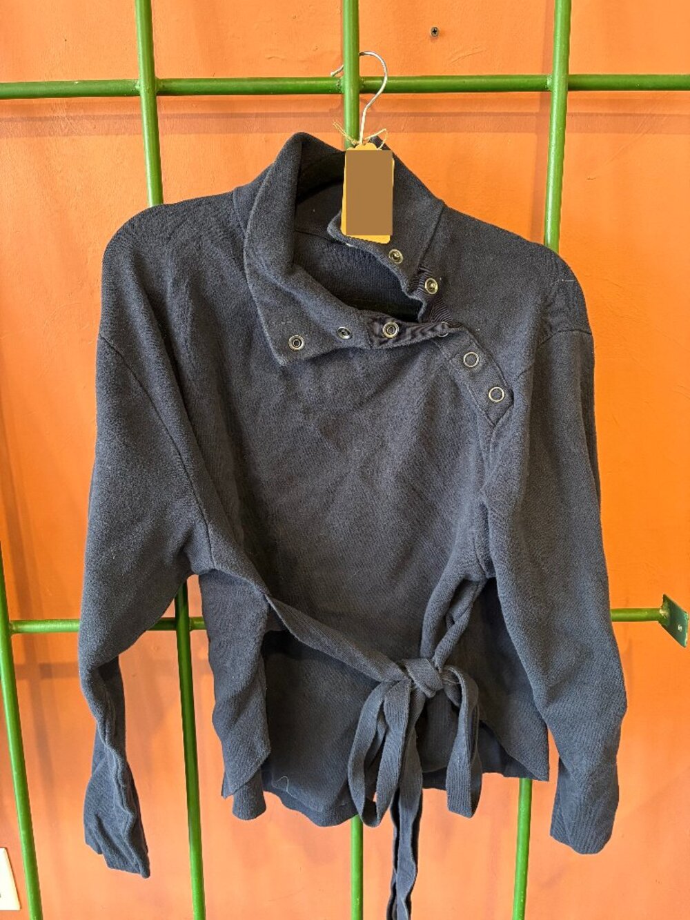 Navy Button Snap Cowl Neck Sweater with Tie Waist